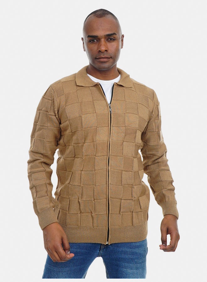 FIRE WOOD FireWood Zipper Knit Cardigan Long Sleeve Soft Knit Fabric For Men- Camel - Image 1